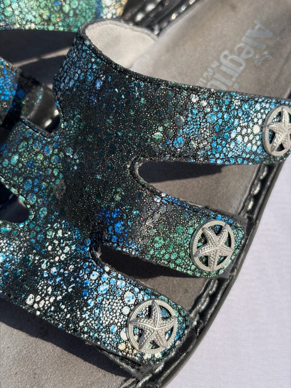 Alegria Iridescent Deep Sea Blue Sparkle Slide Sandals Dinah 38 - Picture 2 of 6